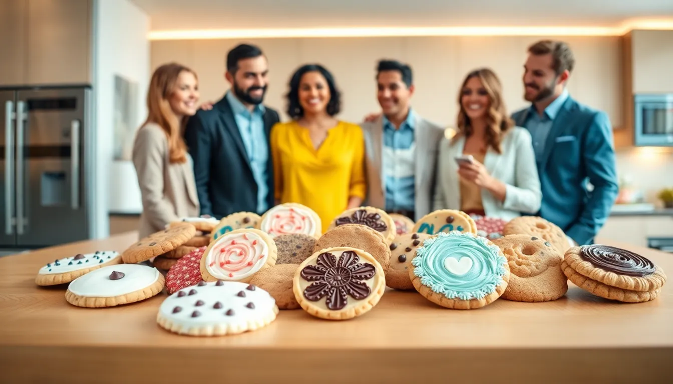A diverse group of people enjoying decorated cookies in a modern kitchen.