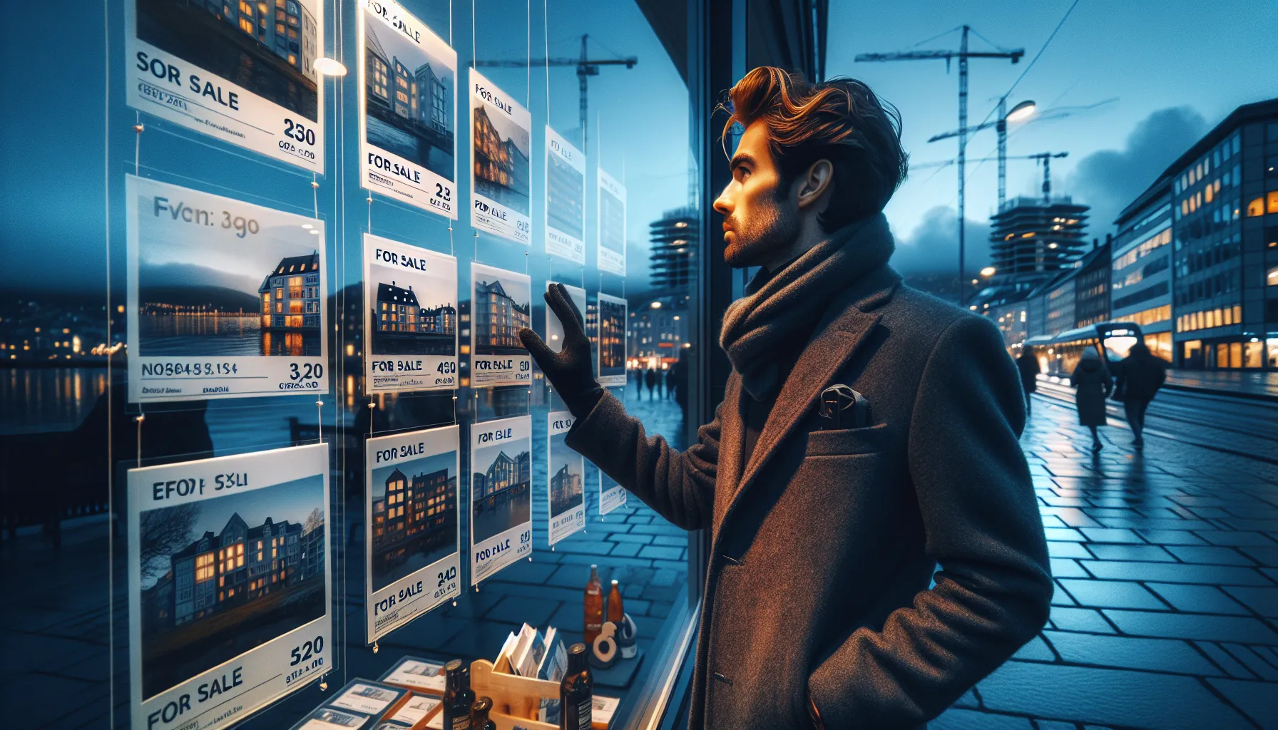 Young man studies oslo real estate listings reflecting skyline and cranes at dusk.