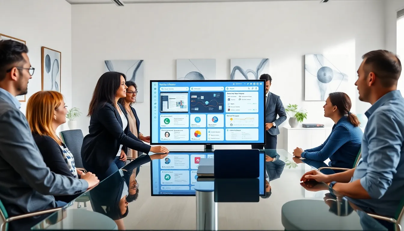 diverse team collaborating on low code development in a modern office.