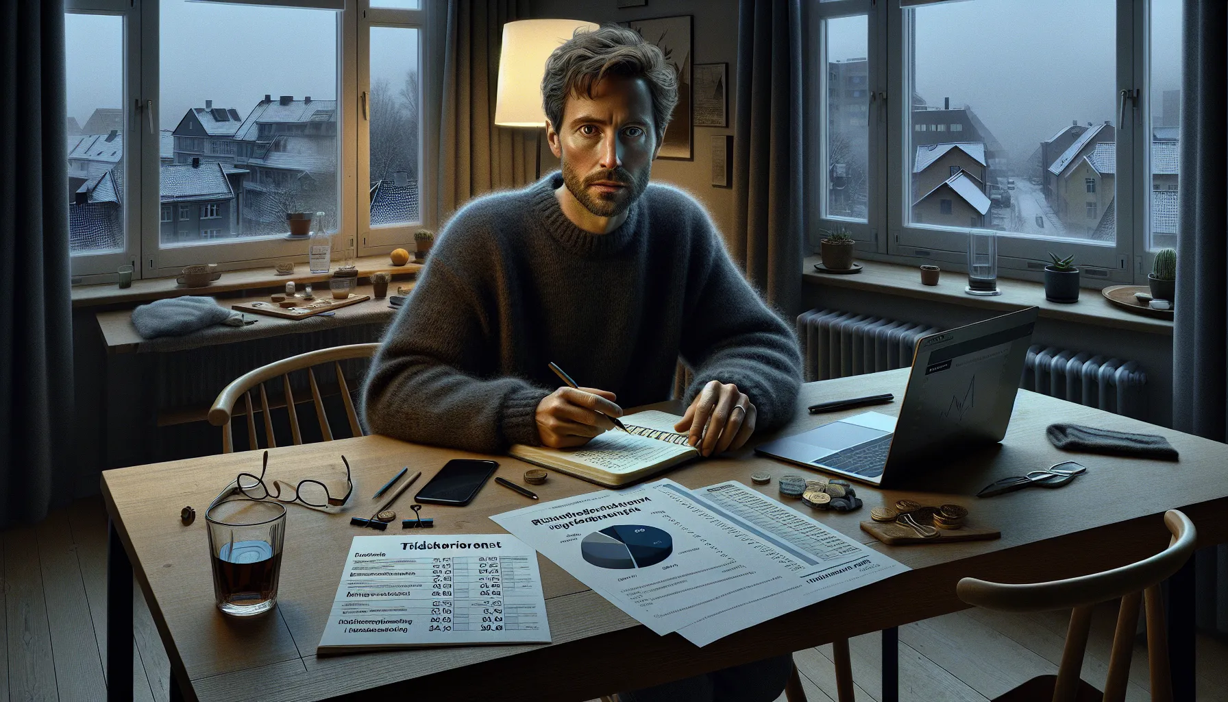 Norwegian man planning a cautious crypto investment strategy at his kitchen table.