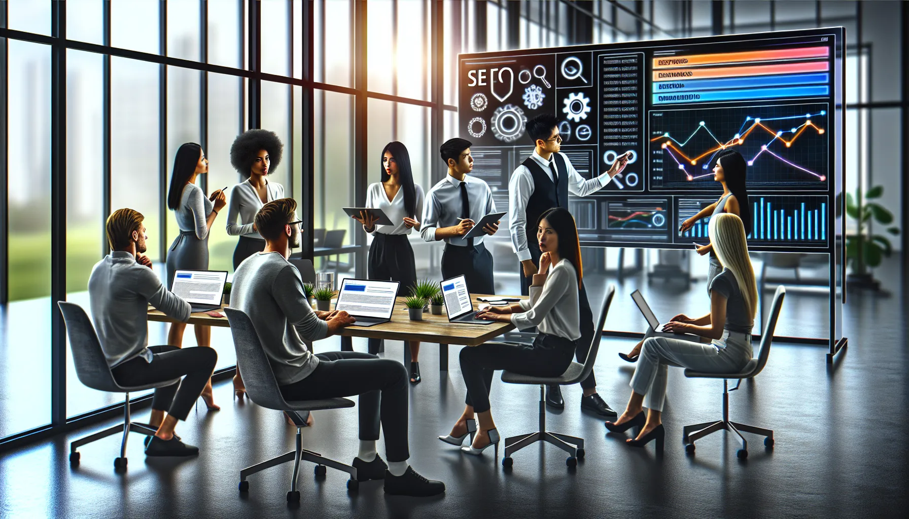 diverse team collaborating on SEO strategies in a modern office.