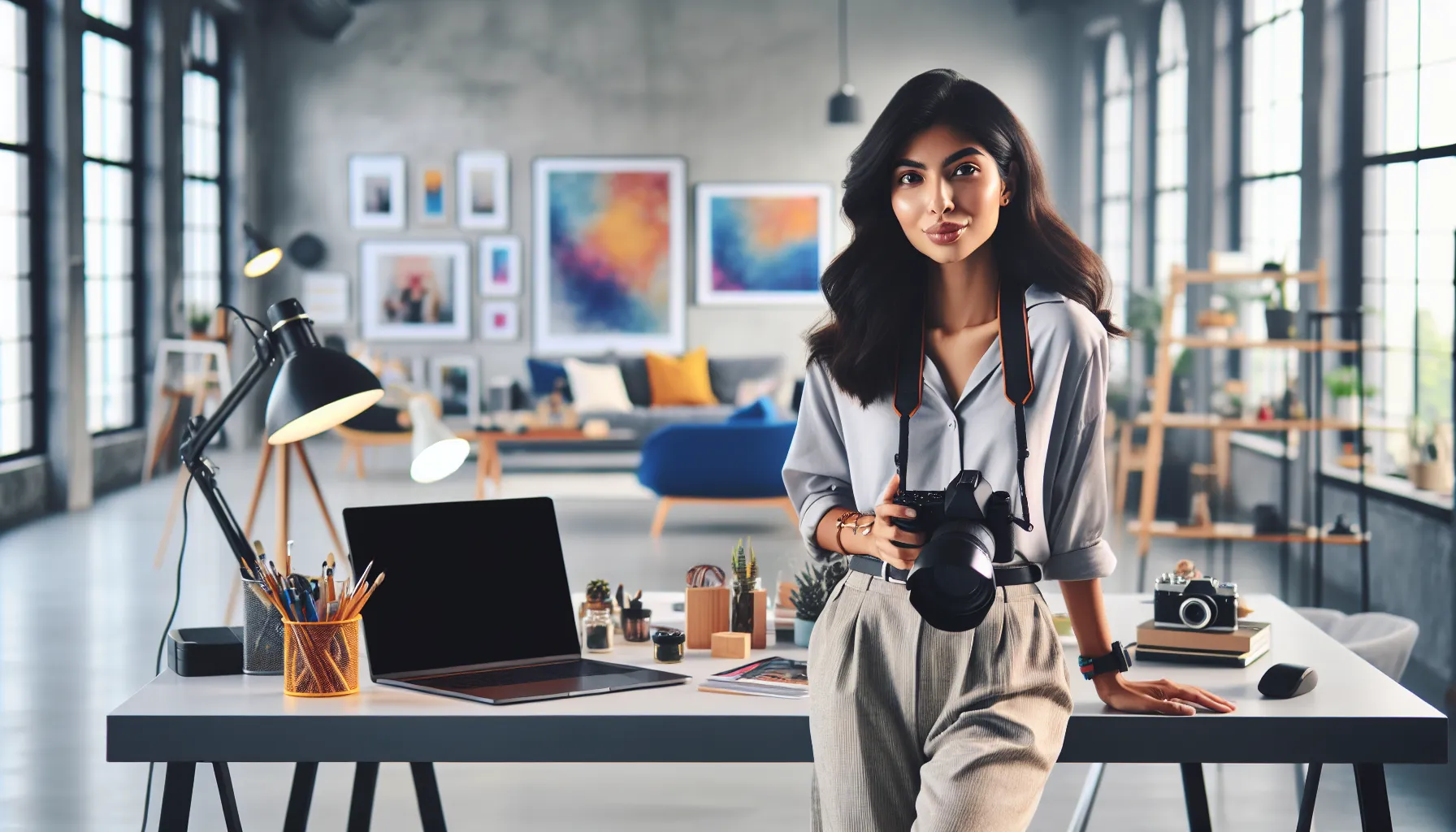 a woman creating content in a modern, creative workspace.