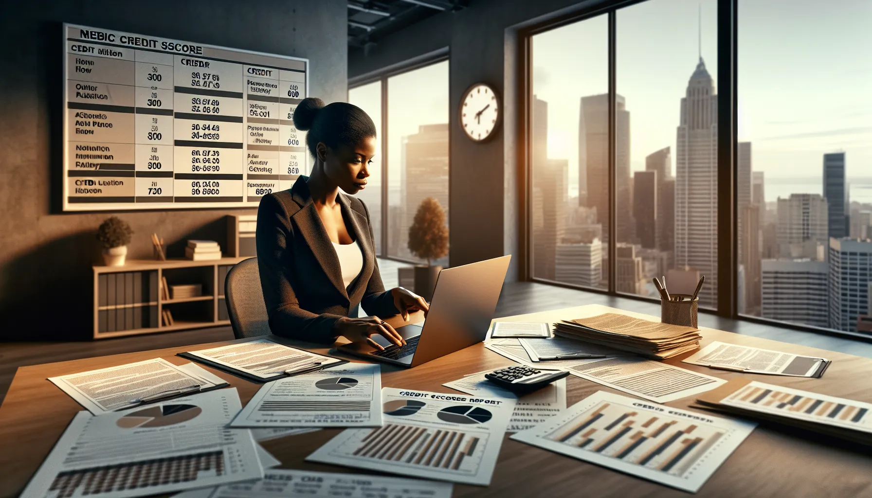 a woman reviewing credit score reports in a modern office.