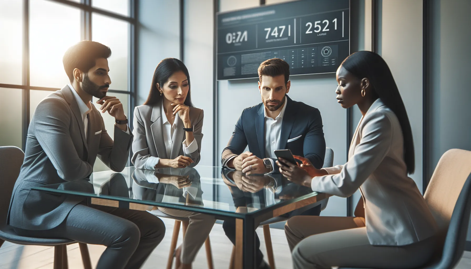 diverse team discussing services in a modern office setting.