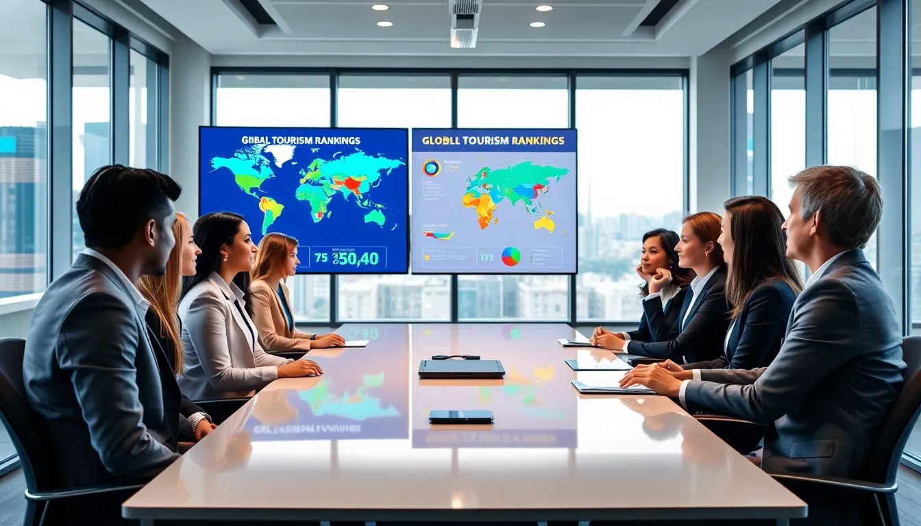 professionals discussing global tourism rankings in a modern office.