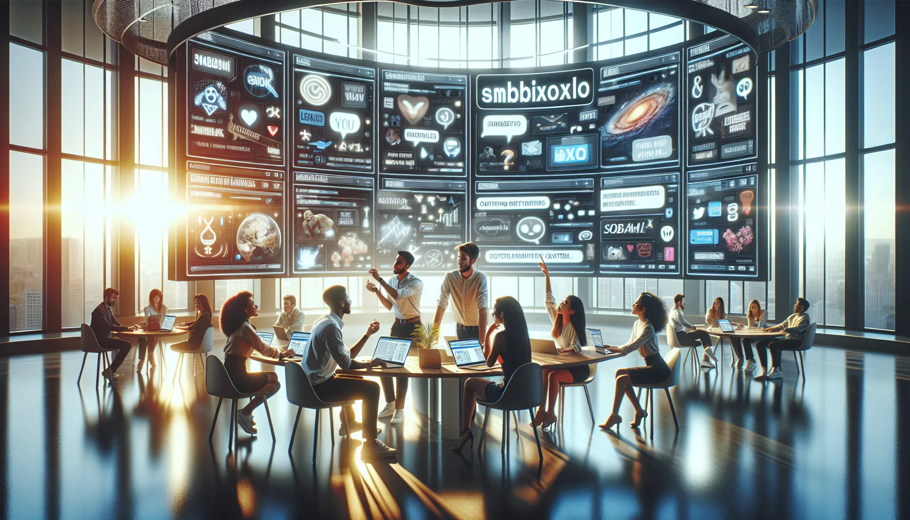 diverse team collaborating on digital content in a modern office.