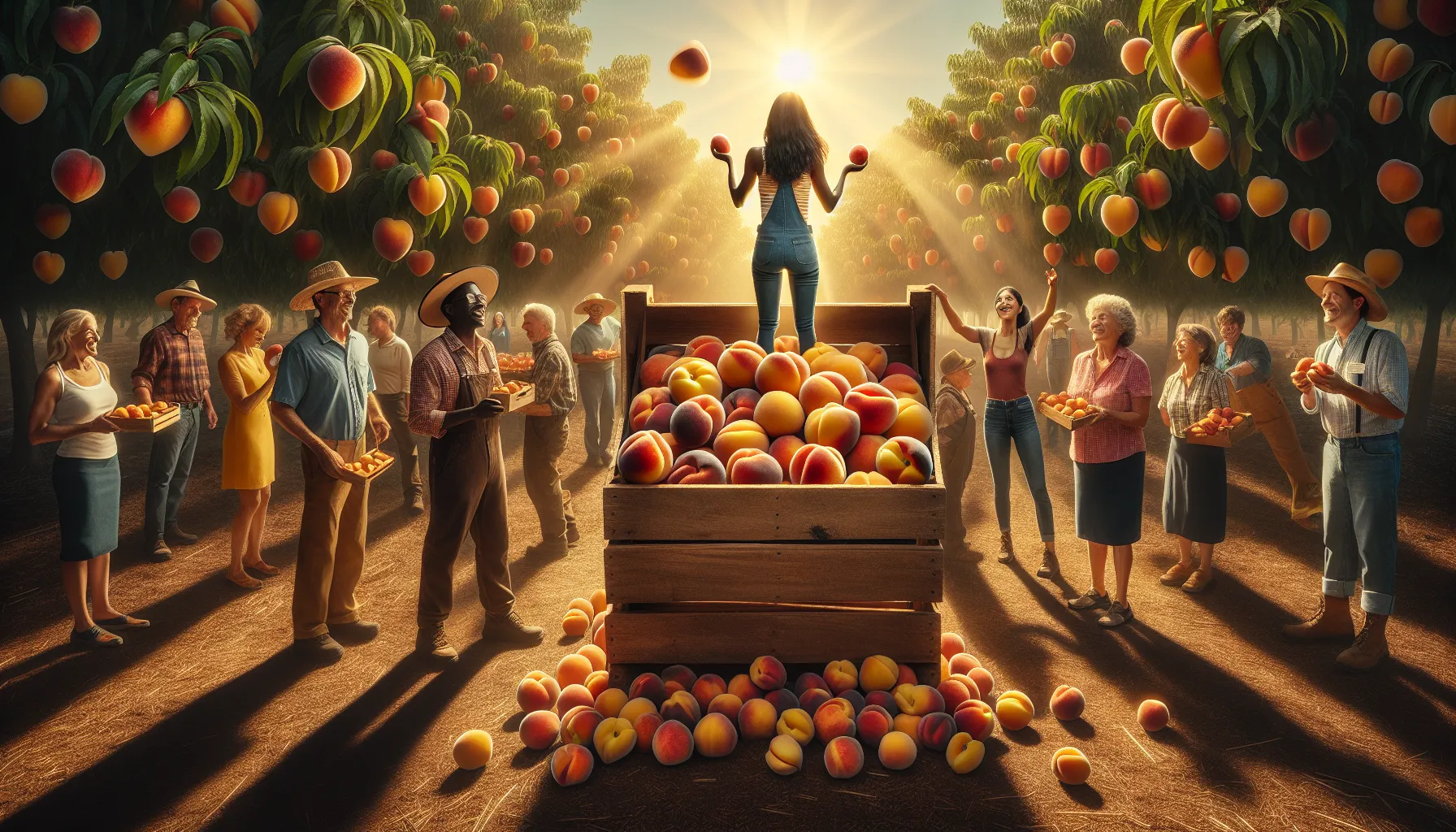 Fresh peaches in a wooden crate with farmers in an orchard.