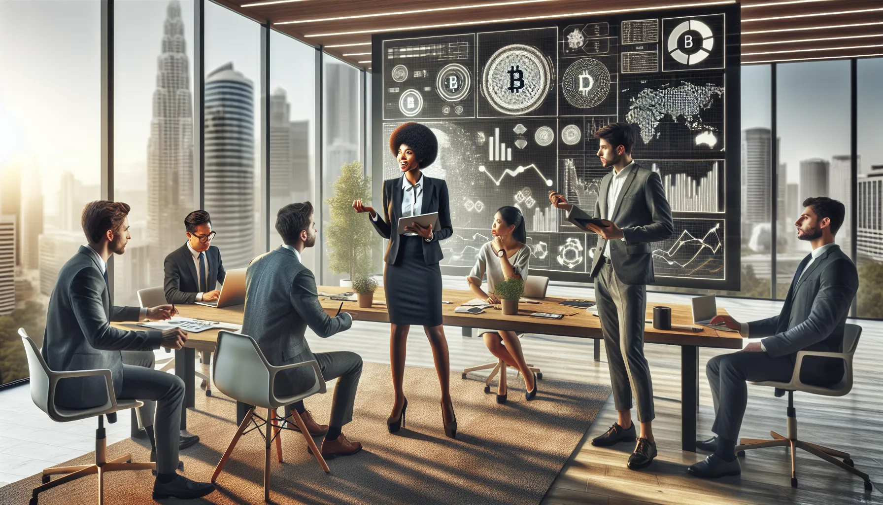 diverse team discussing cryptocurrency trends in a modern office.