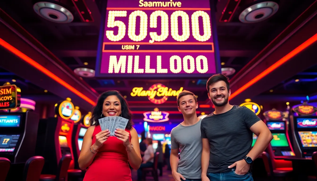 a casino scene featuring diverse players excited about a large accumulative jackpot.