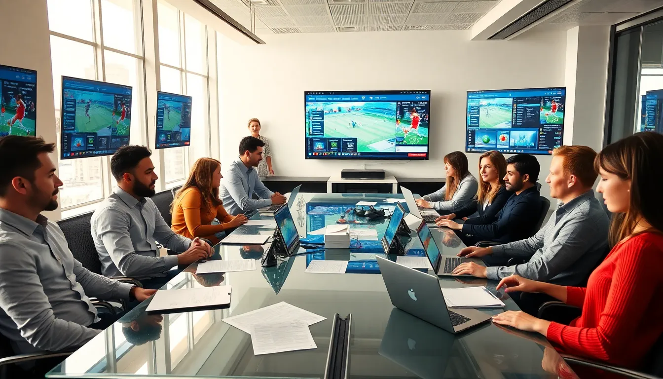diverse sports journalism team collaborating in a modern office.