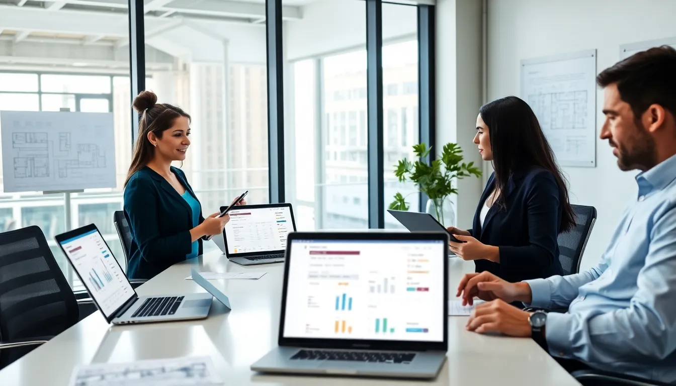 diverse team collaborating on master builder software in a modern office.