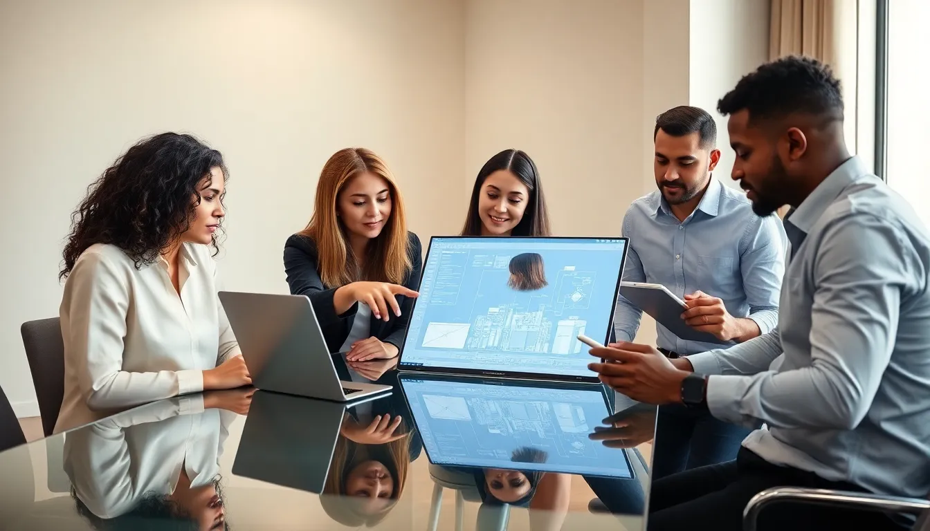 diverse IT team discussing legacy system retrofitting at a conference table.