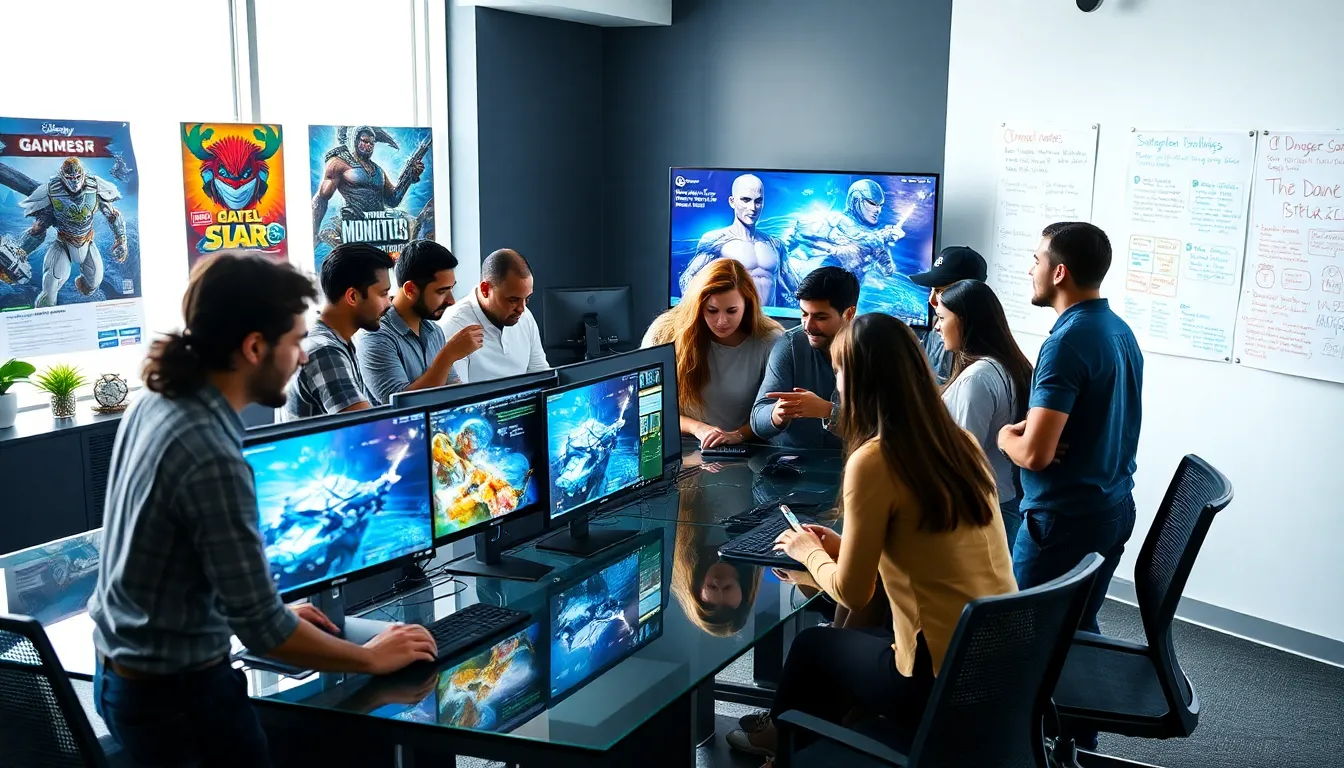 diverse team collaborating in a modern game development office.