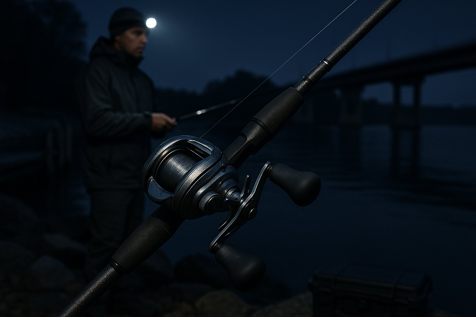 Angler using a well-prepared fishing reel at night by the water.