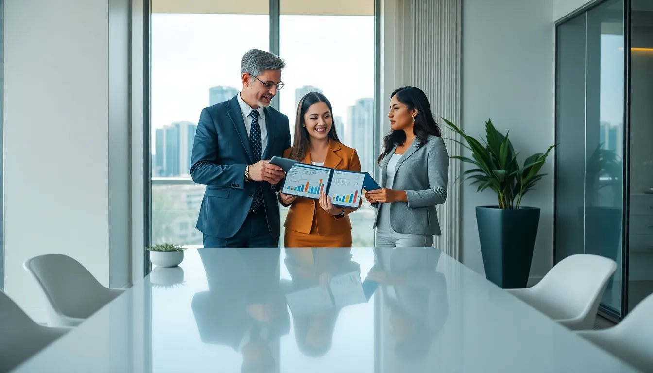 Mortgage broker discussing options with clients in a modern Miami office.