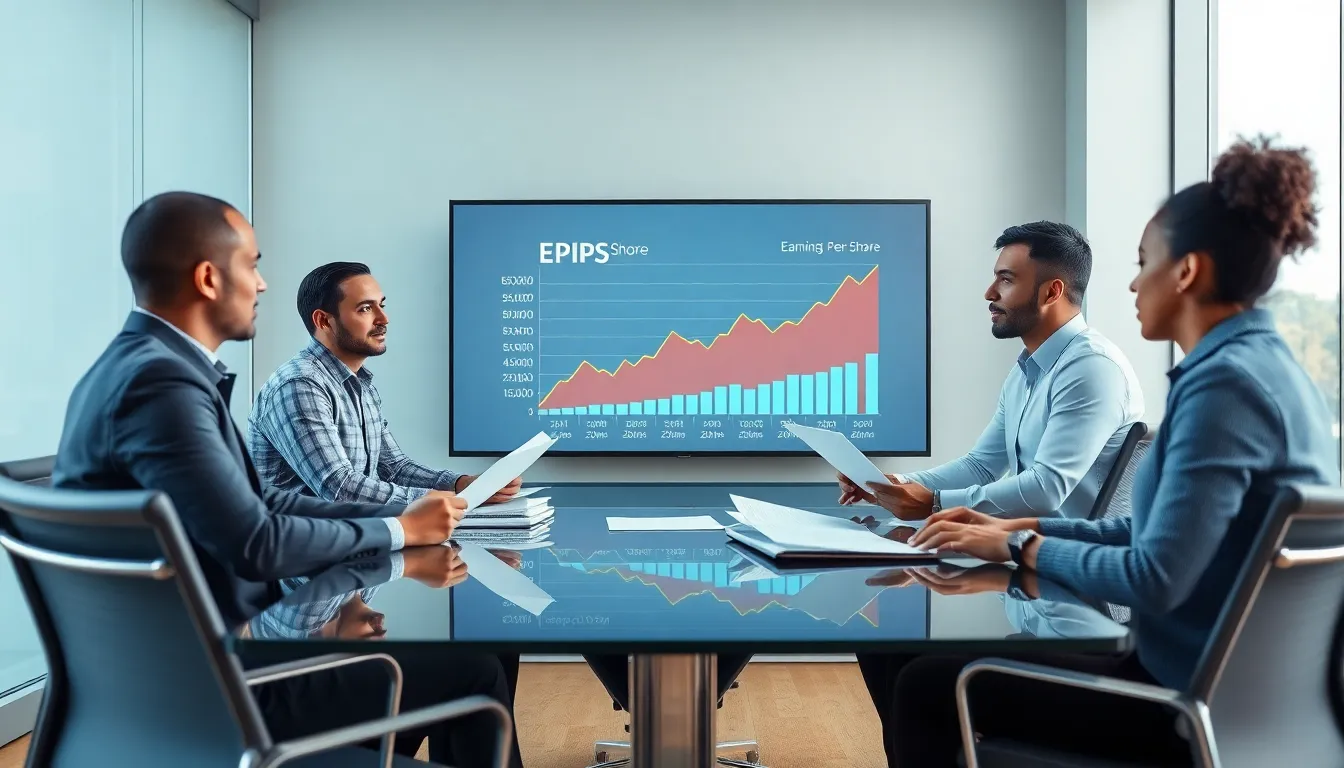 diverse professionals discussing earnings per share in a modern office.