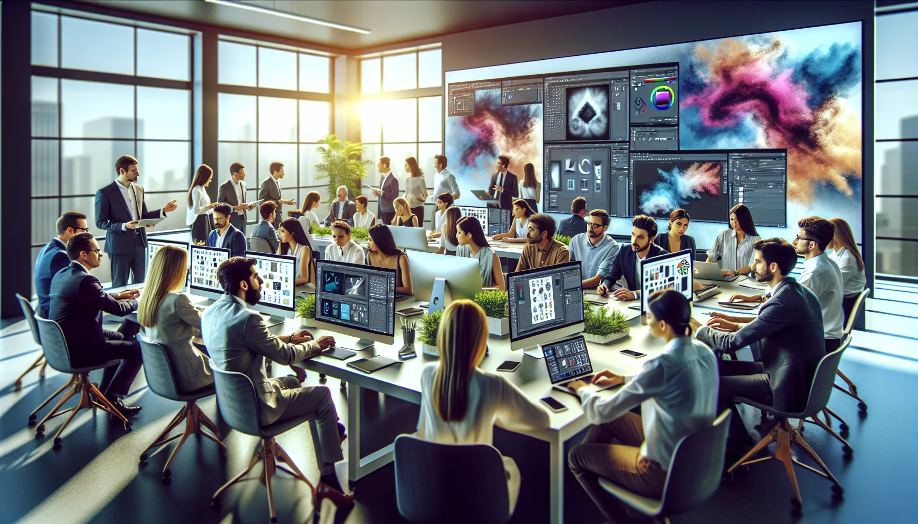 diverse professionals in a modern Photoshop workshop.