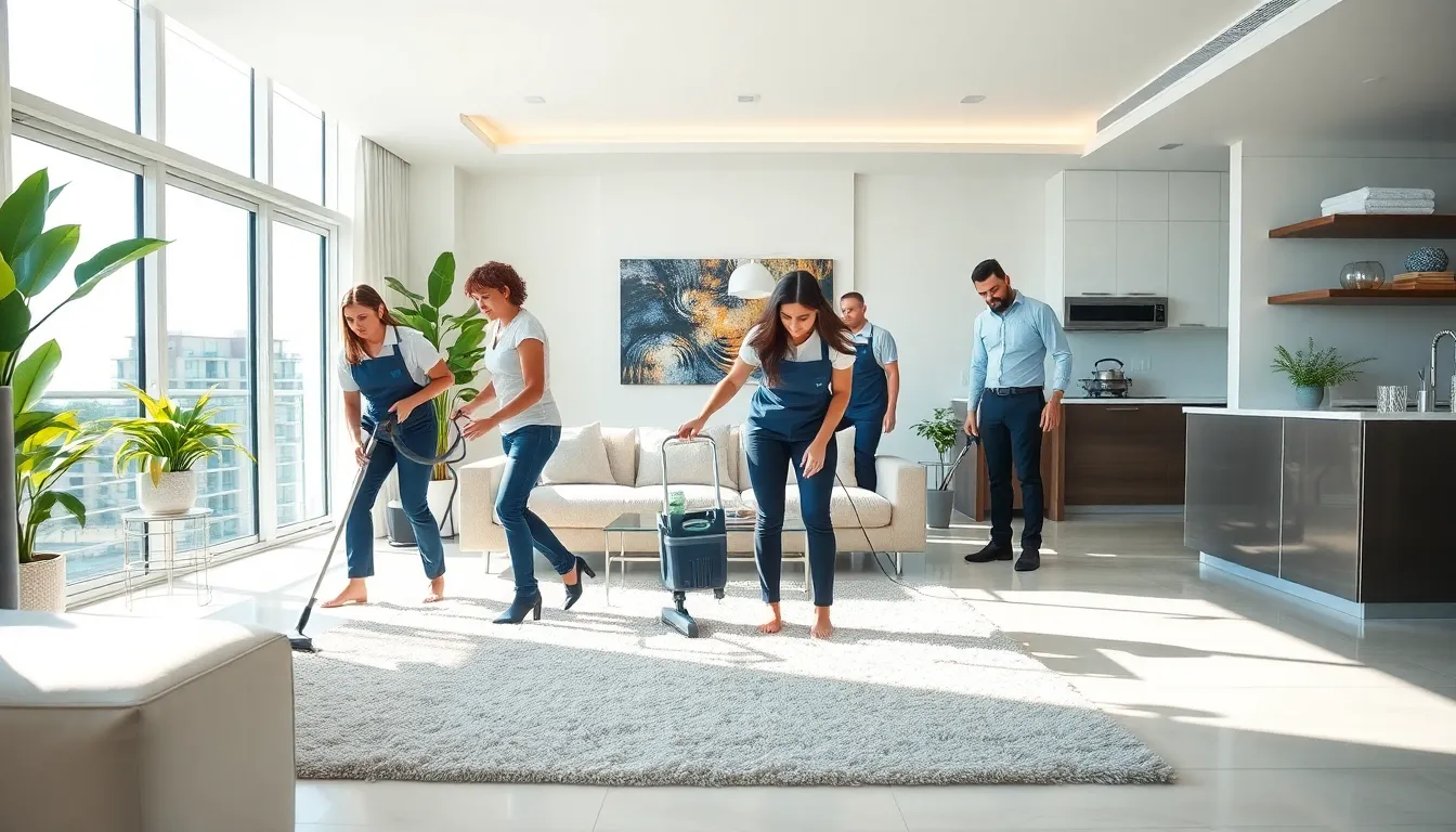 cleaning team working in a modern Miami living room.