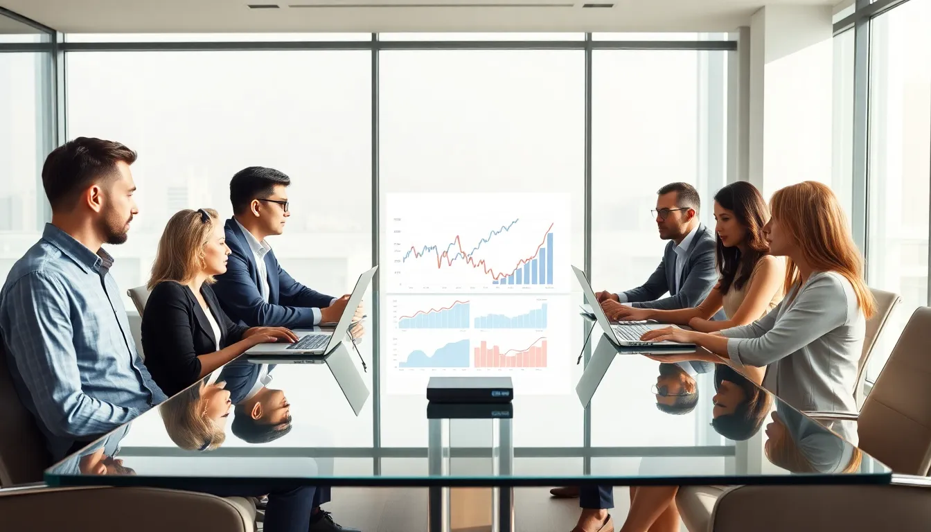 diverse economists discussing economic trends in a modern office.