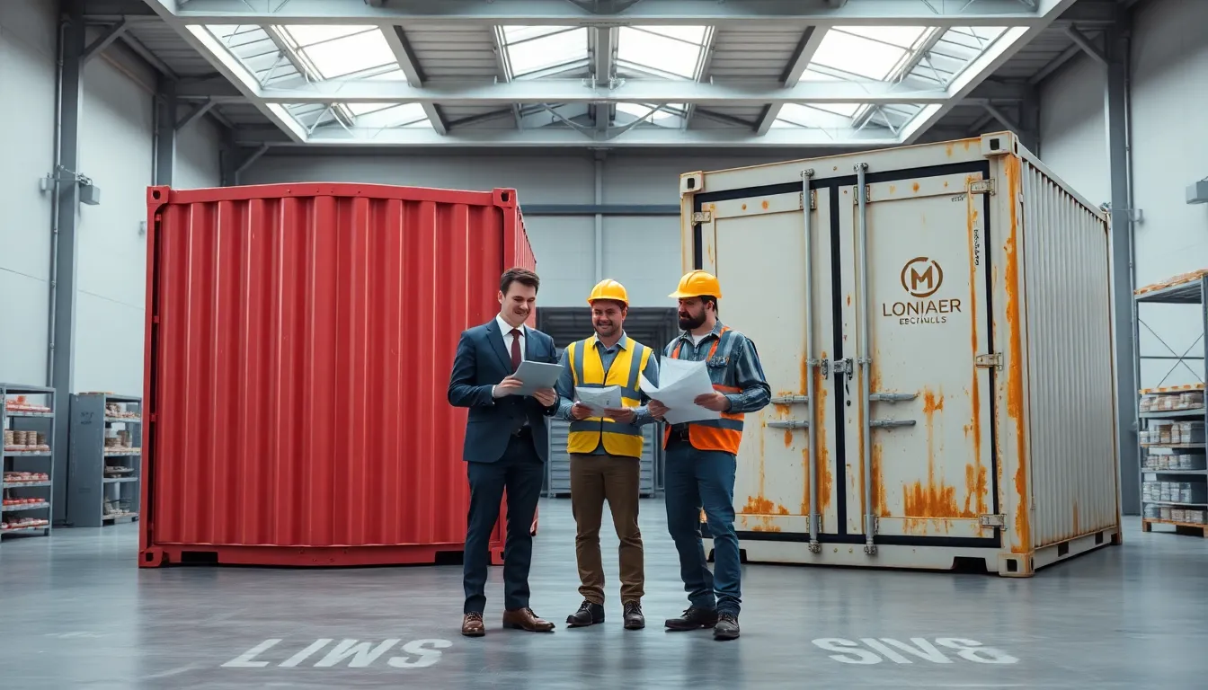 New and used shipping containers compared in a professional UK warehouse setting.