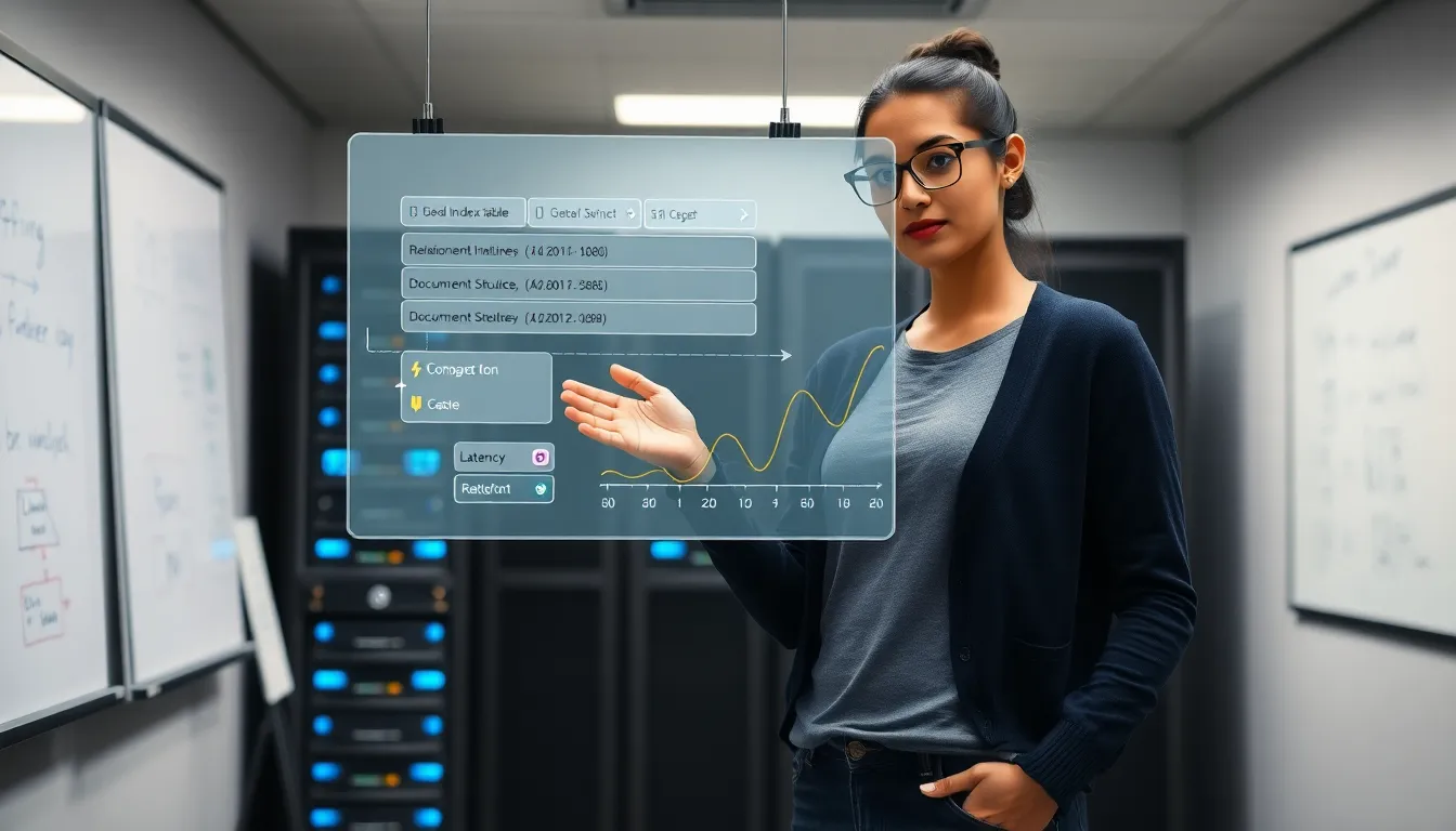 Engineer pointing at a holographic database schema and performance charts.