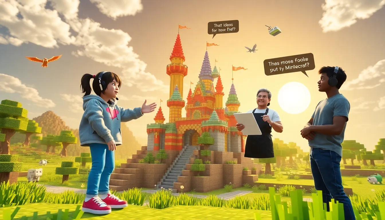 players collaborating on a colorful Minecraft creation in a vibrant virtual landscape.