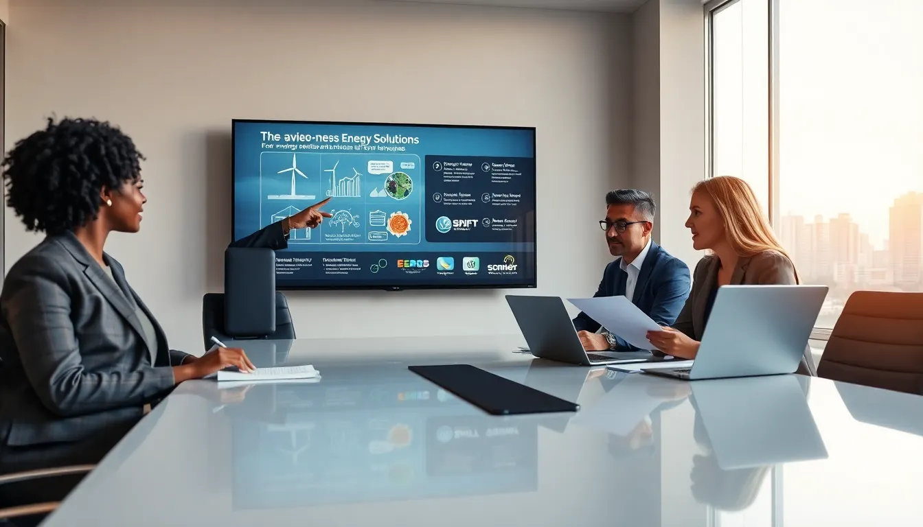diverse team discussing energy solutions in a modern office setting.