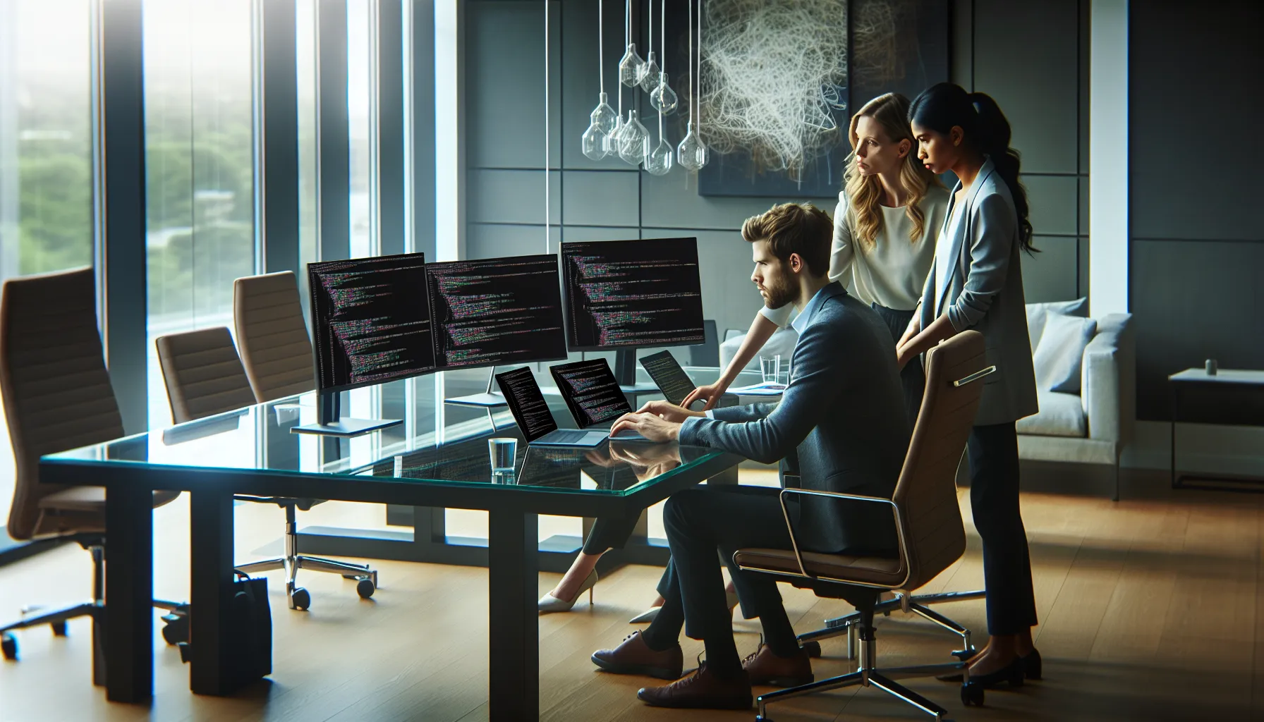diverse developers troubleshooting a Python software issue in a modern office.