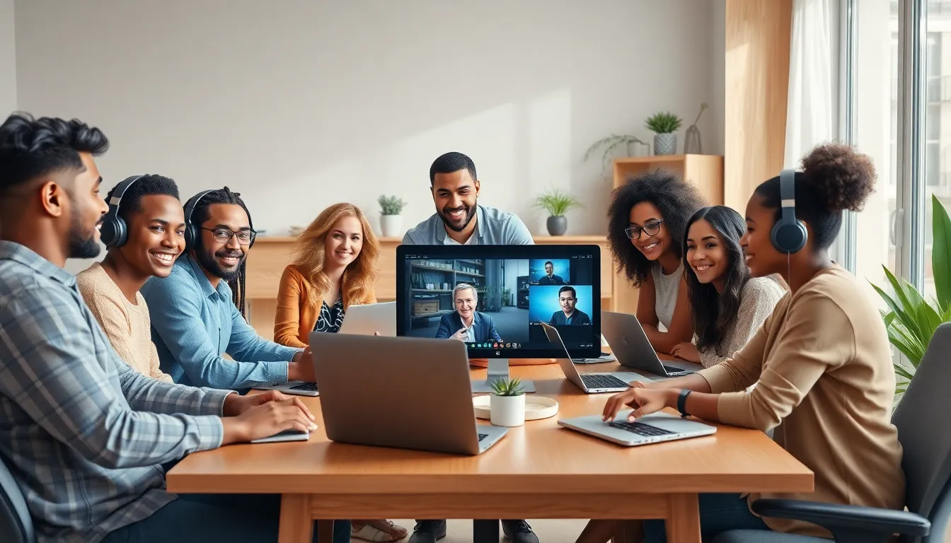 diverse group engaging in an online masterclass in a modern workspace.
