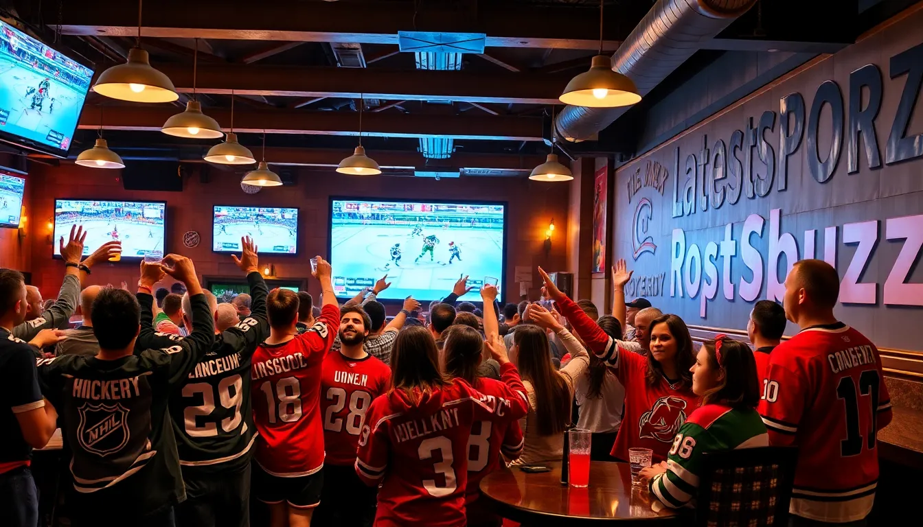 hockey fans celebrating in a lively sports bar with screens showing games.