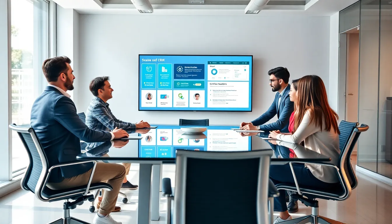 diverse professionals collaborating in a modern office on software tools.