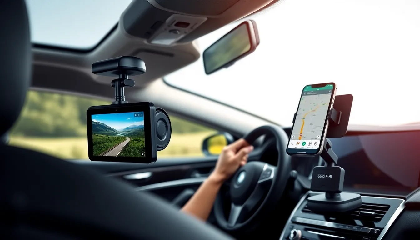 car interior with essential gadgets: dash camera, smartphone mount, and OBD-II scanner.