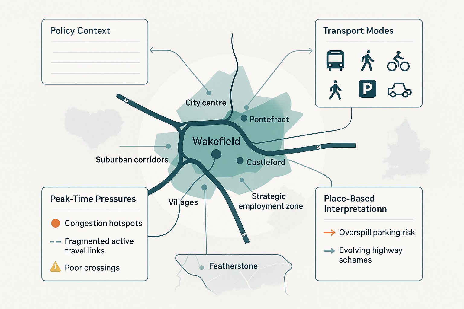Wakefield transport planning infographic with map, policy, congestion, and travel mode factors.