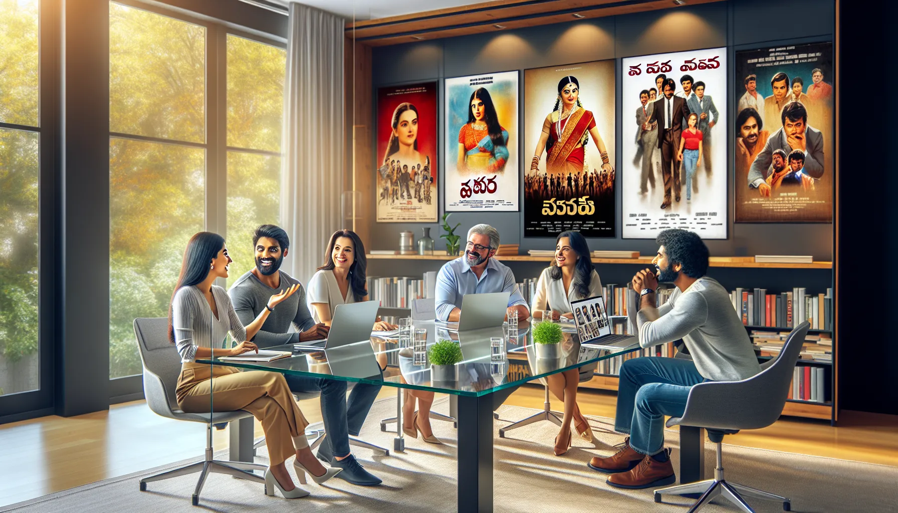 diverse professionals discussing Telugu cinema in a modern office.