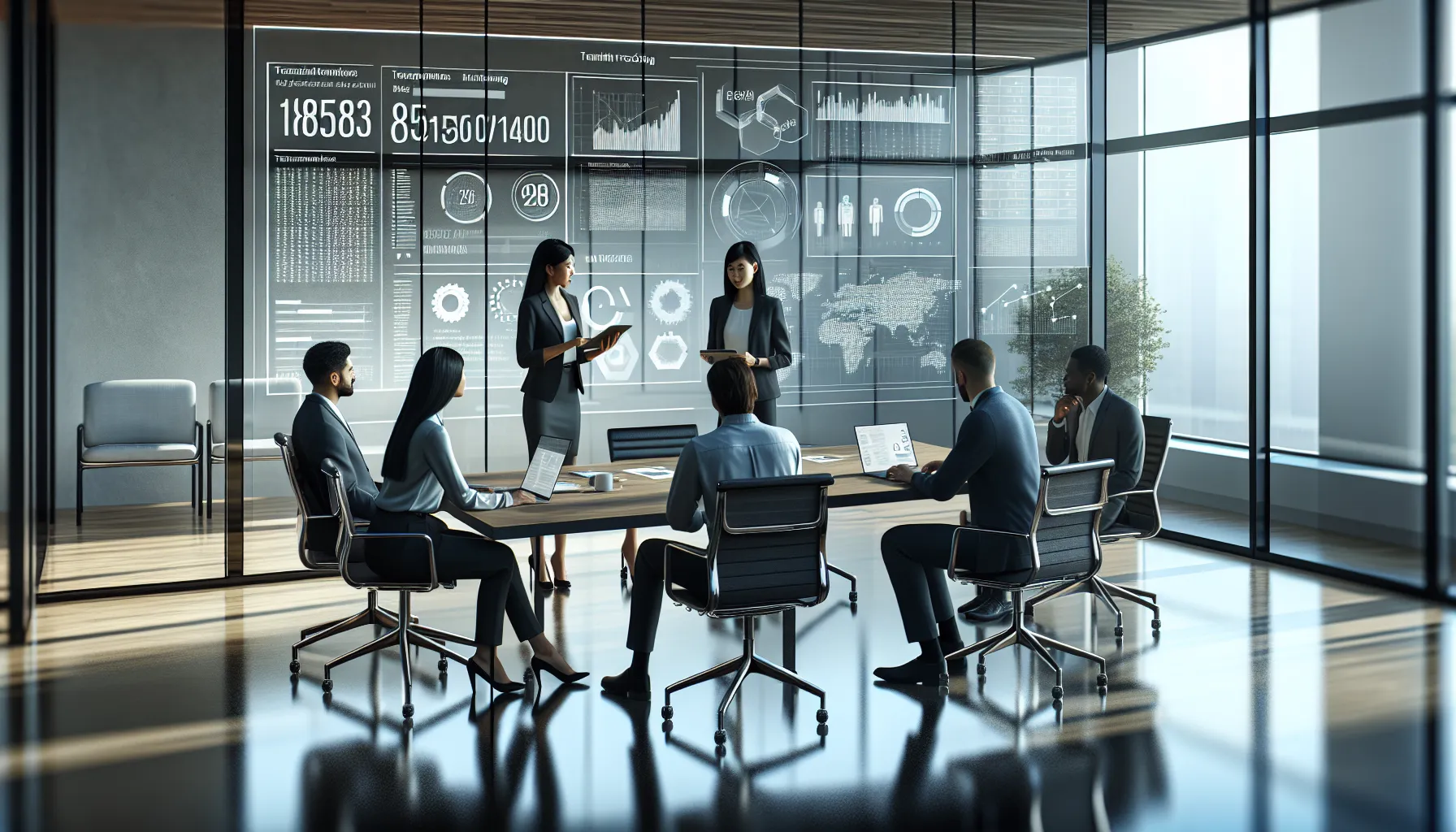 diverse team discussing data in a modern office.