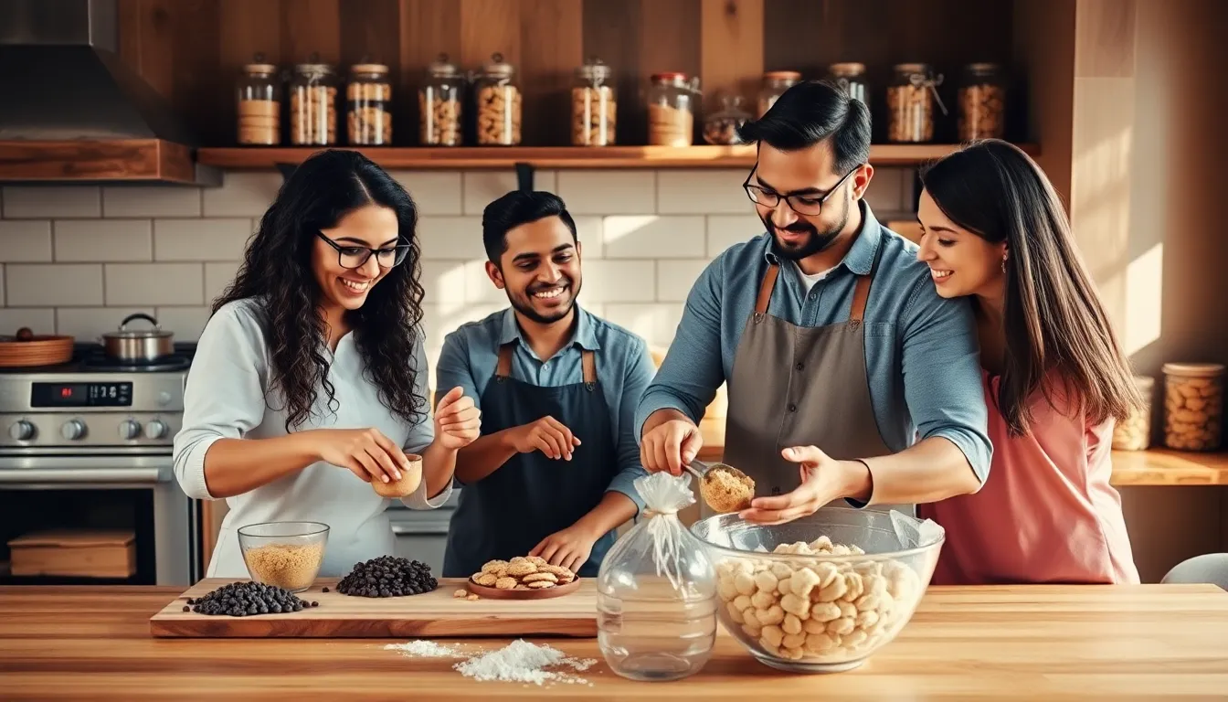 diverse team baking cookies in a warm kitchen setting.