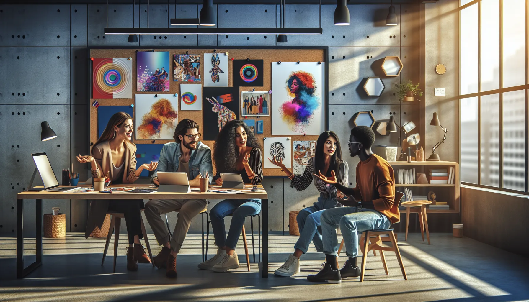 diverse artists collaborating in a vibrant creative workspace.