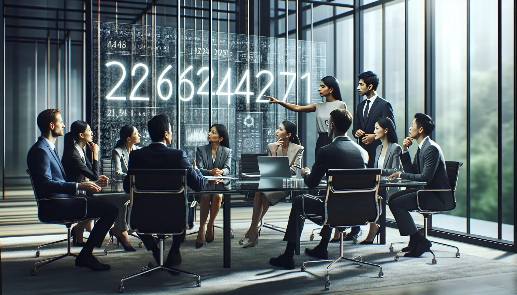 diverse team discussing interpretations of a numeric code in a modern office.