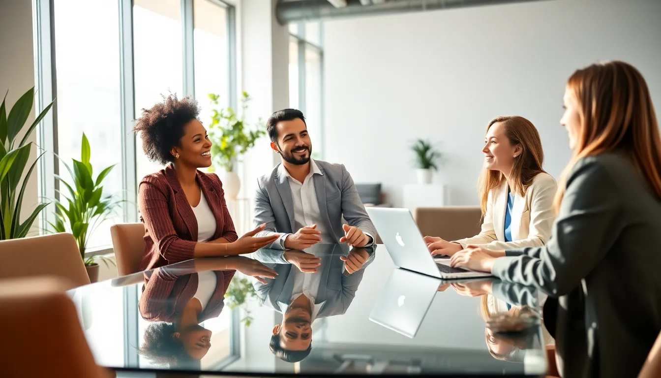 diverse team discussing work-life balance in a modern office.