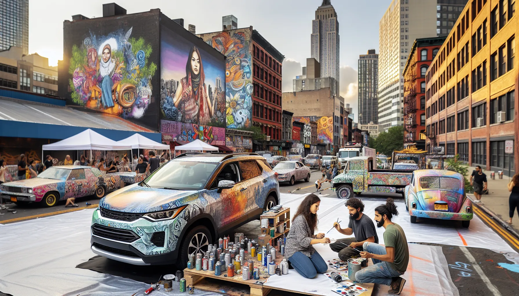 diverse artists painting vehicles in a colorful urban setting.