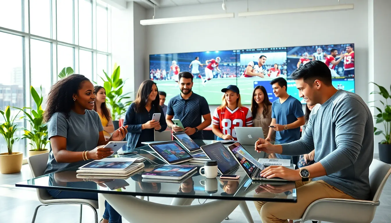 a diverse group discussing sports updates in a modern office.