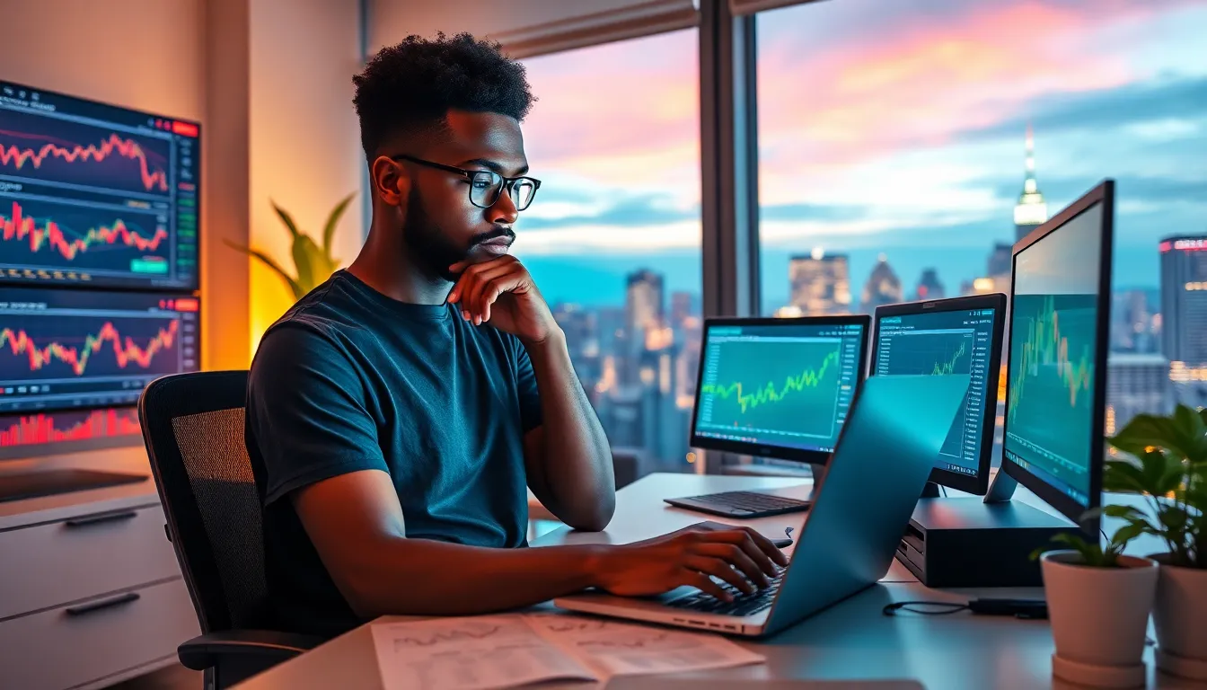 A young man studying cryptocurrency data at a modern desk.