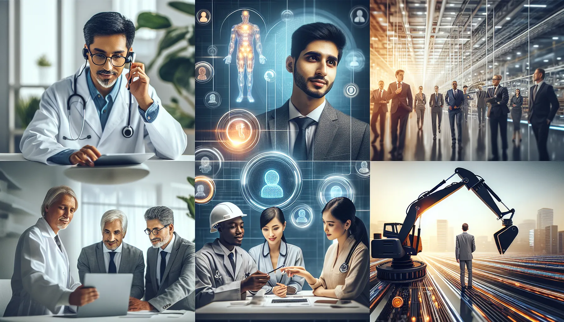 collage of rcujcnfnc applications in healthcare, finance, and manufacturing.