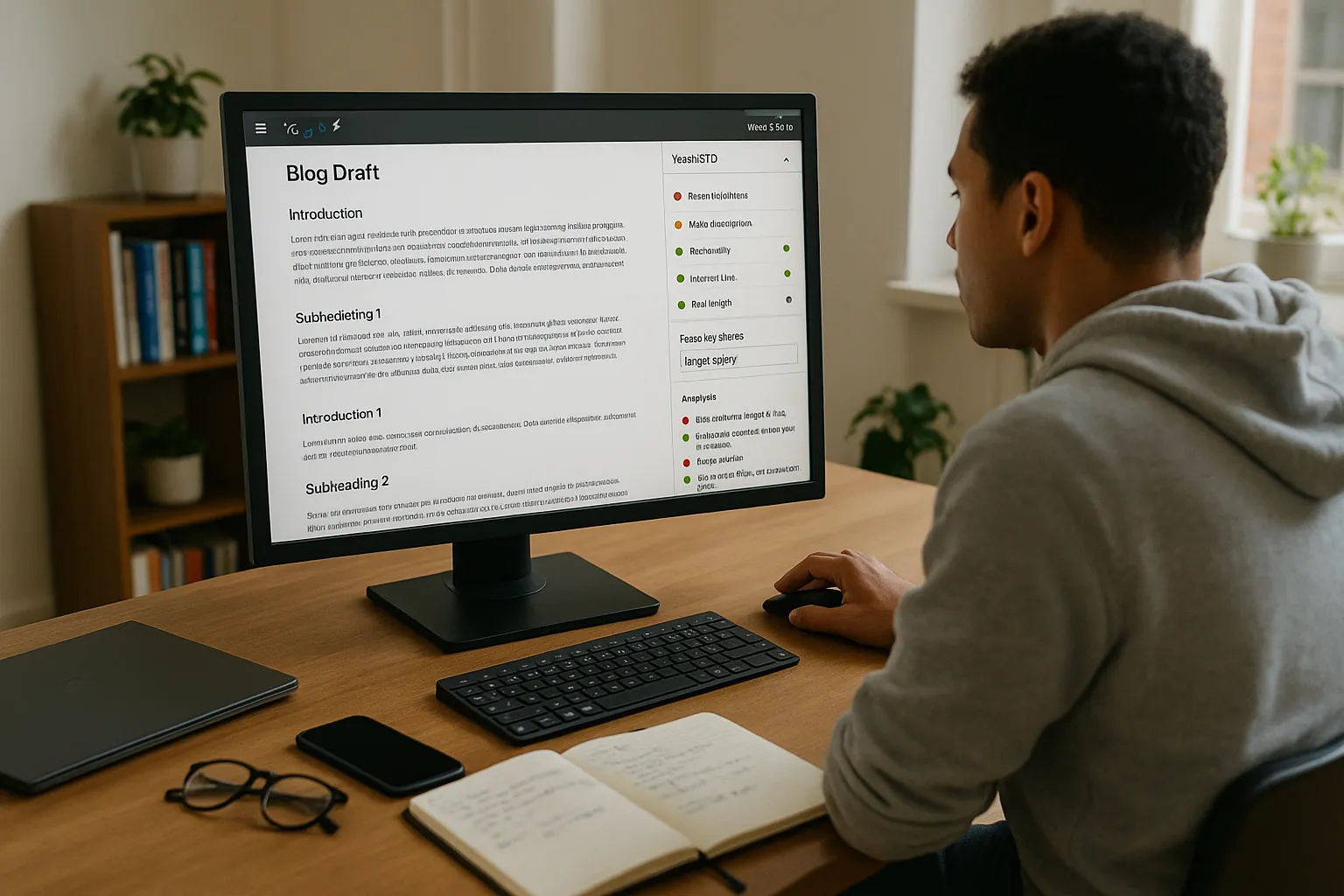 Person reviewing Yoast SEO checker bullets on a computer while editing content.