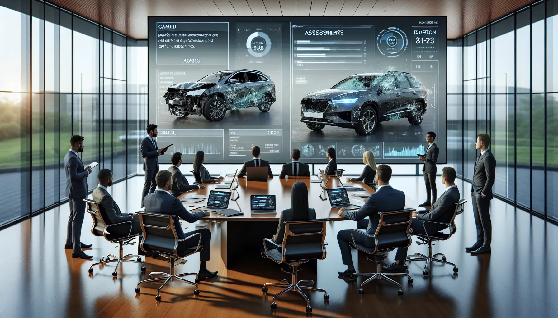 Business professionals reviewing vehicle auction data in modern conference room.