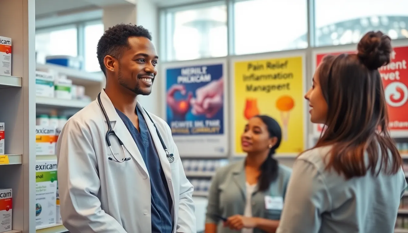 A pharmacist discusses mexxicams with a patient in a modern pharmacy.