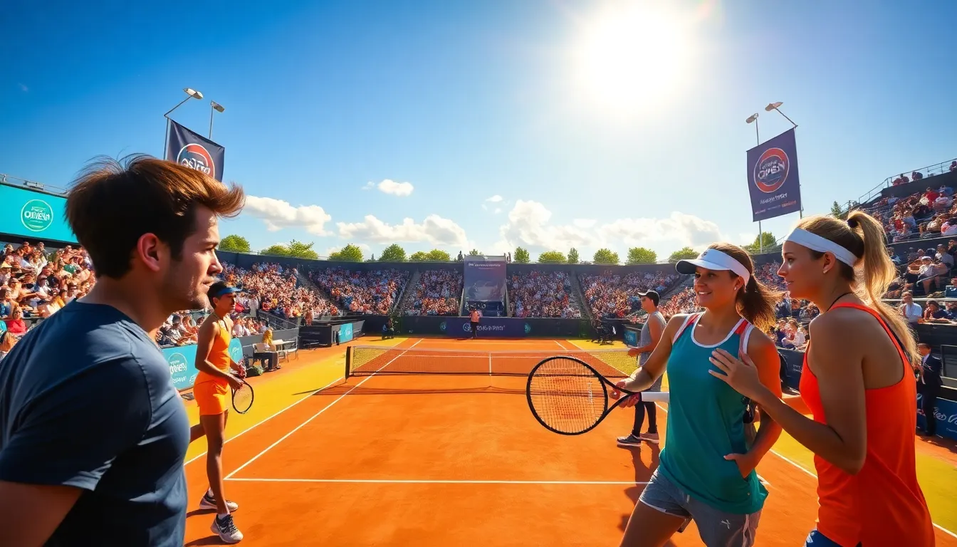 tennis players competing on a clay court with fans in the background.