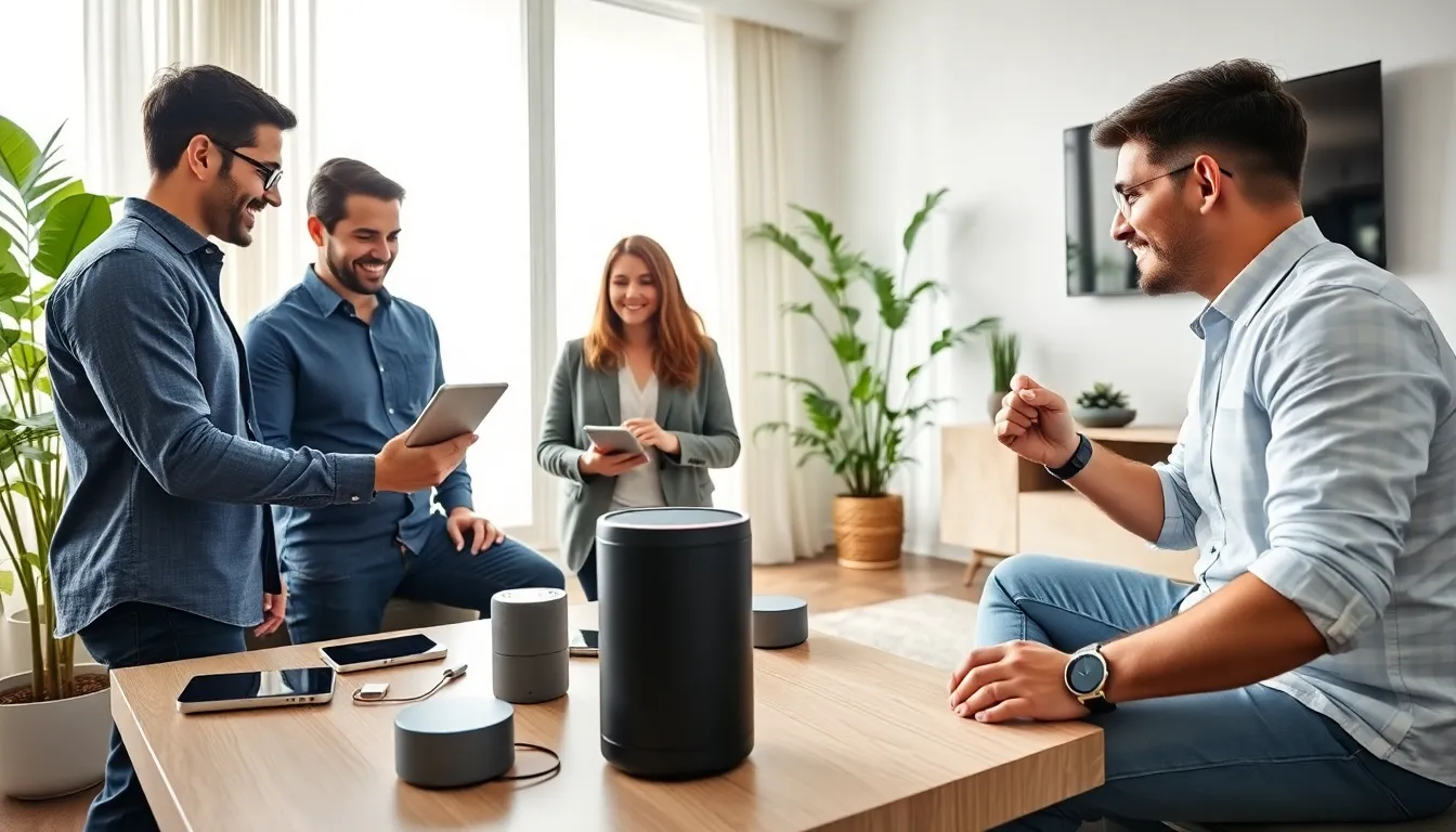 professionals engaging with smart home gadgets in a modern living room.
