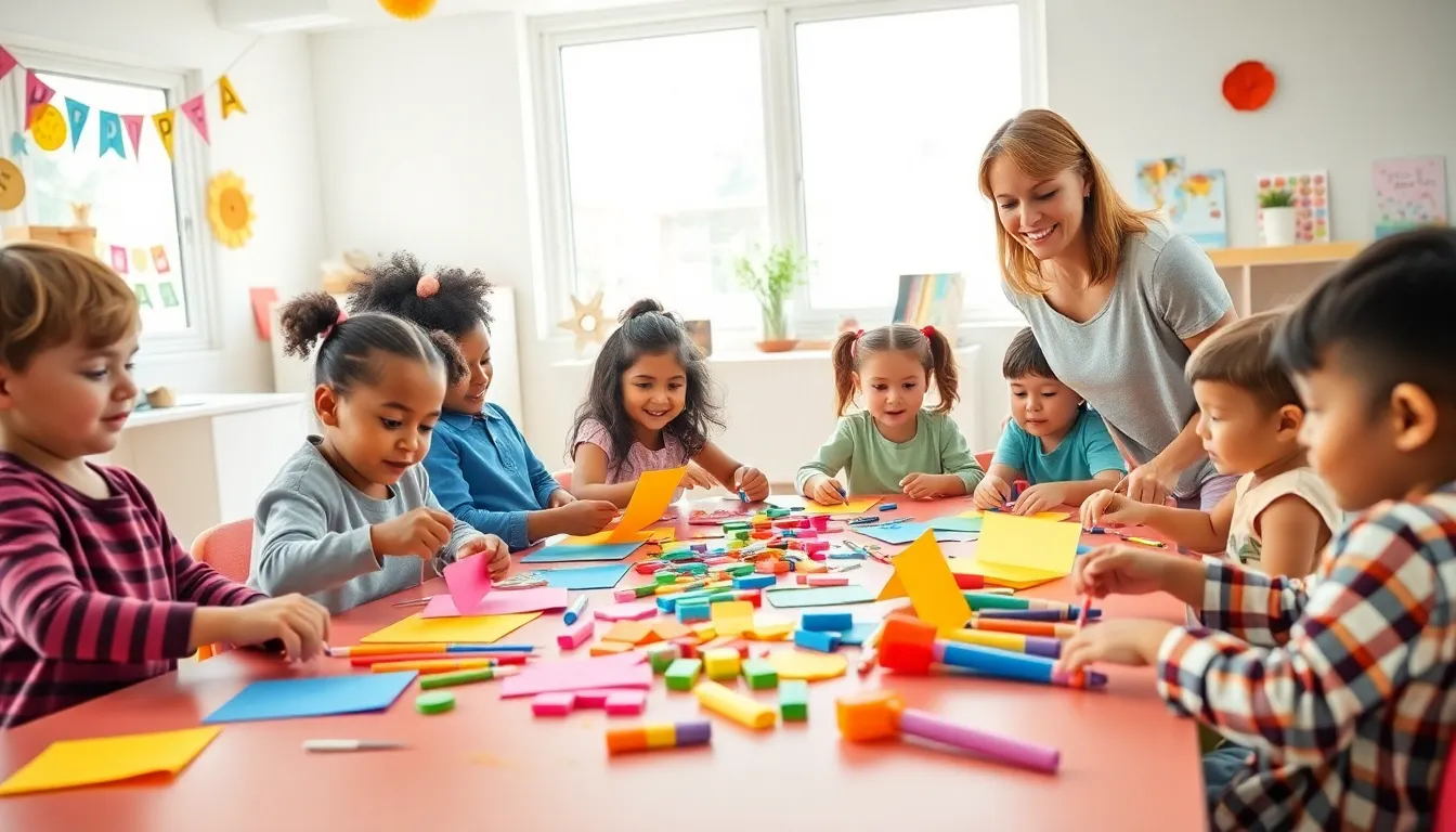 preschoolers creating crafts in a colorful classroom.