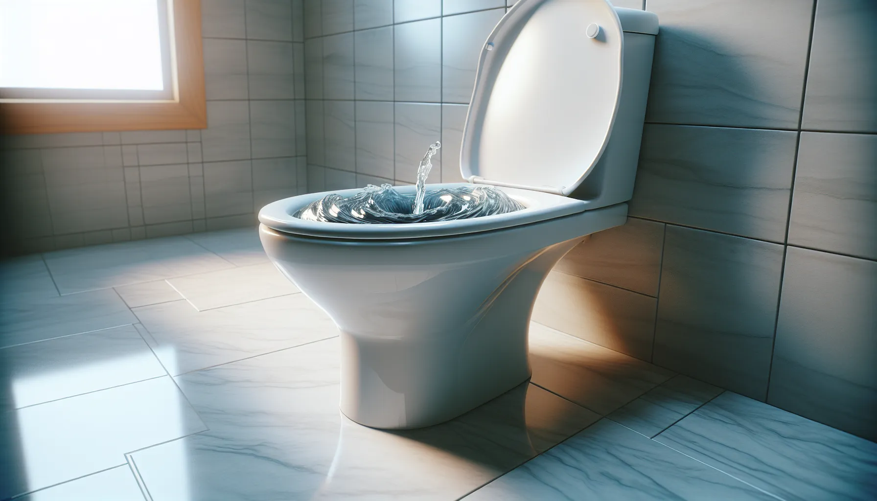 urine sinking in a toilet bowl surrounded by clean bathroom.